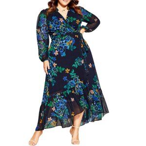 NWT City Chic Womens Black Green Floral Long Sleeve Maxi Wrap Dress PLUS XXS/12